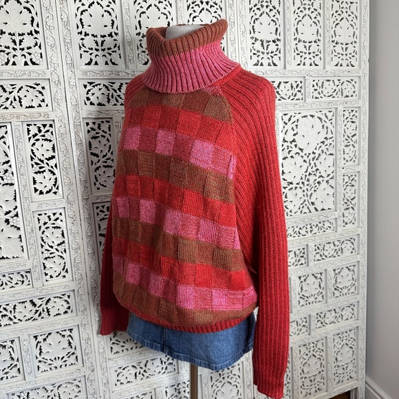 Vtg Marina Yachting Wool Blend Pink & Red Checkered Chunky Turtleneck Sweater - Picture 6 of 9